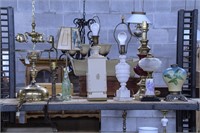 8 Lamps sitting on the shelf and 1 candy Dish