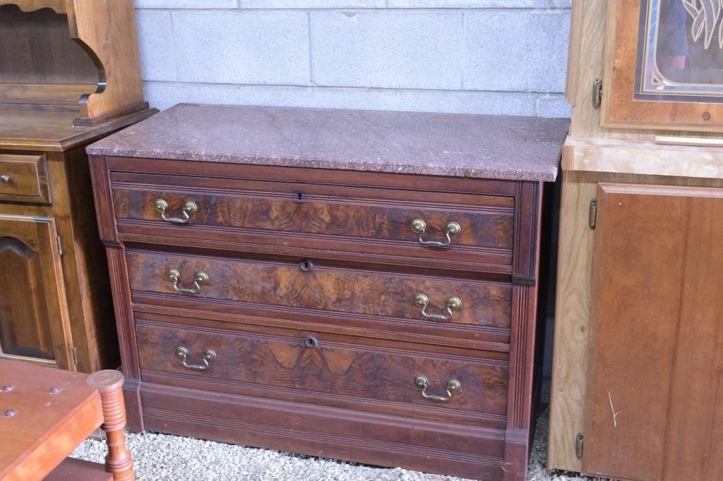 Brown Marble Topped Dresser with 3 Long Drawers