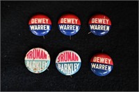 1948 Campaign Pins 4 Dewey Warren and 2 Truman Bar