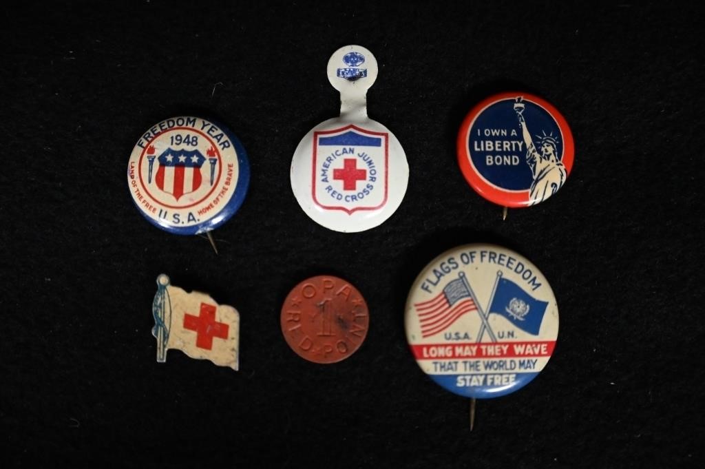 5  WW2 Era Pins.  Includes Liberty Bonds, United N