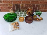 Green Glassware & Wooden Bowls