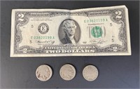 1927 Indian Head Buffalo Nickel,1976 $2.00 US Note
