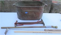 Copper boiler no lid, pump, walking stick