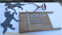 Metal horse cut outs, ice tongs, wash board