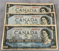 (3) 1954 Bank of Canada 5 dollar notes, Billets