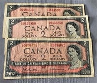 (3) 1954 Bank of Canada 2 dollar notes, Billets