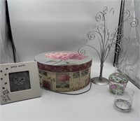 Modern Hat box, frame, jewelry tree, water pitcher