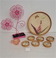 Serving Tray w/ Coasters, Flower Figurine, Candle