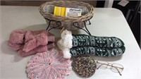 Basket with Rubber bands, mittens glasses, wool