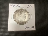 1906 D Barber Silver Half Dollar,Fine 12