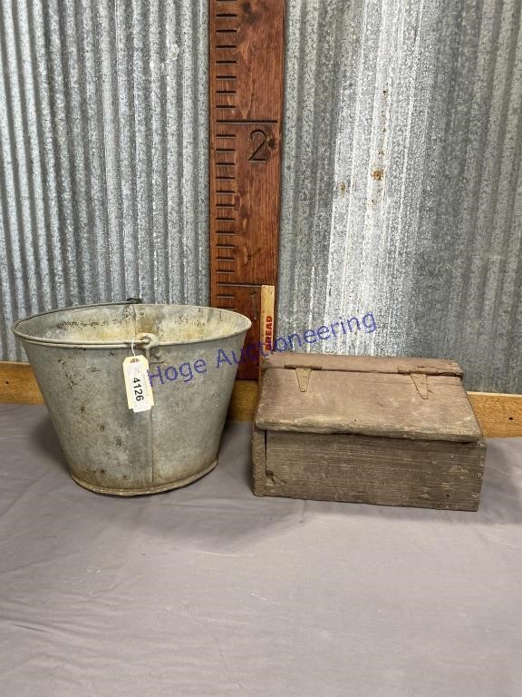 GALVANIZED PAIL PLANTER(HOLES IN BOTTOM), WOOD