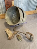 PAIR OF FUNNELS, WEDGE, PADLOCK, BALE HOOK