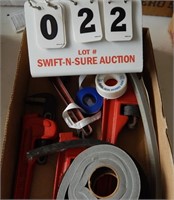 Box of Pipe Wrenches, Tape, Trim, Etc.