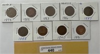 1873/1891 Various Indian Cents-9 Coins