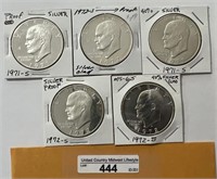 1971/1972 Various IKE Silver Dollars-5 Coins