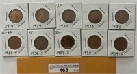 1919/1939 Various Wheat Pennies-10 Coins