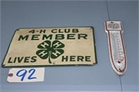 Old 4H tin sign & Kaylor advertising thermometer