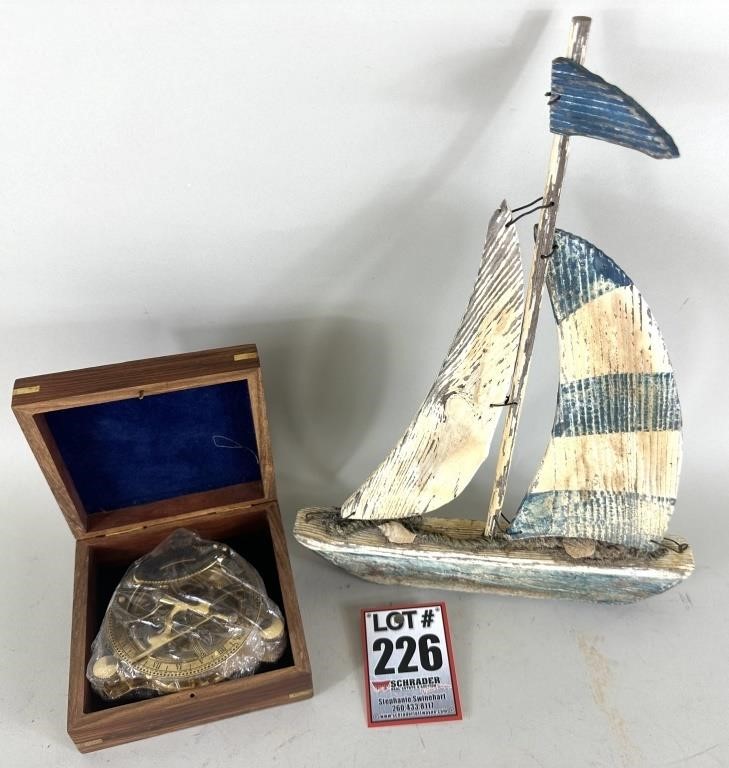 Wooden Sail Boat & Compass