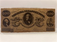 1862 Virginia Treasury Note 100 Dollars