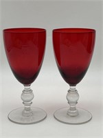 Pair Ruby Red Ball Stem Wine Glasses