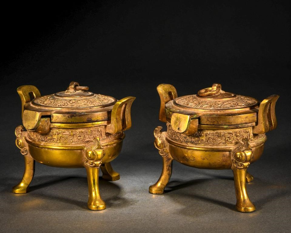 Pair Chinese Bronze-Gilt Incense Burners