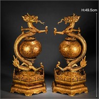 Matched Pair Chinese Bronze-Gilt Double Dragons