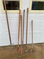 pitch fork, hoes & rakes