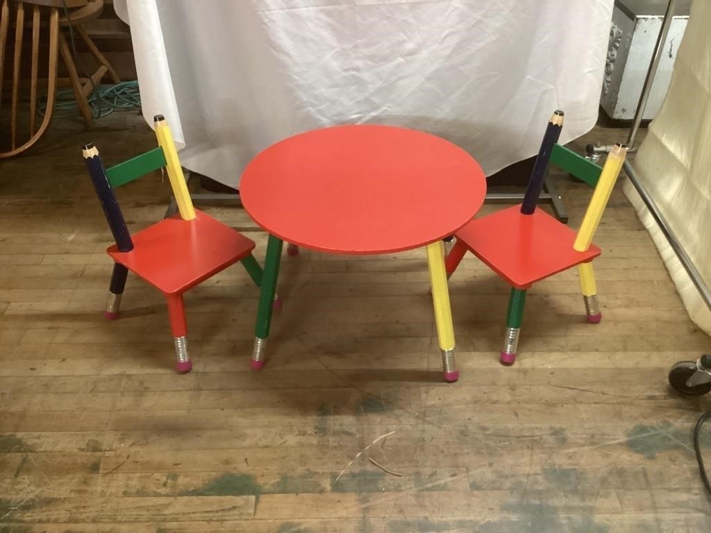WOODEN CHILDS TABLE AND 2 CHAIRS