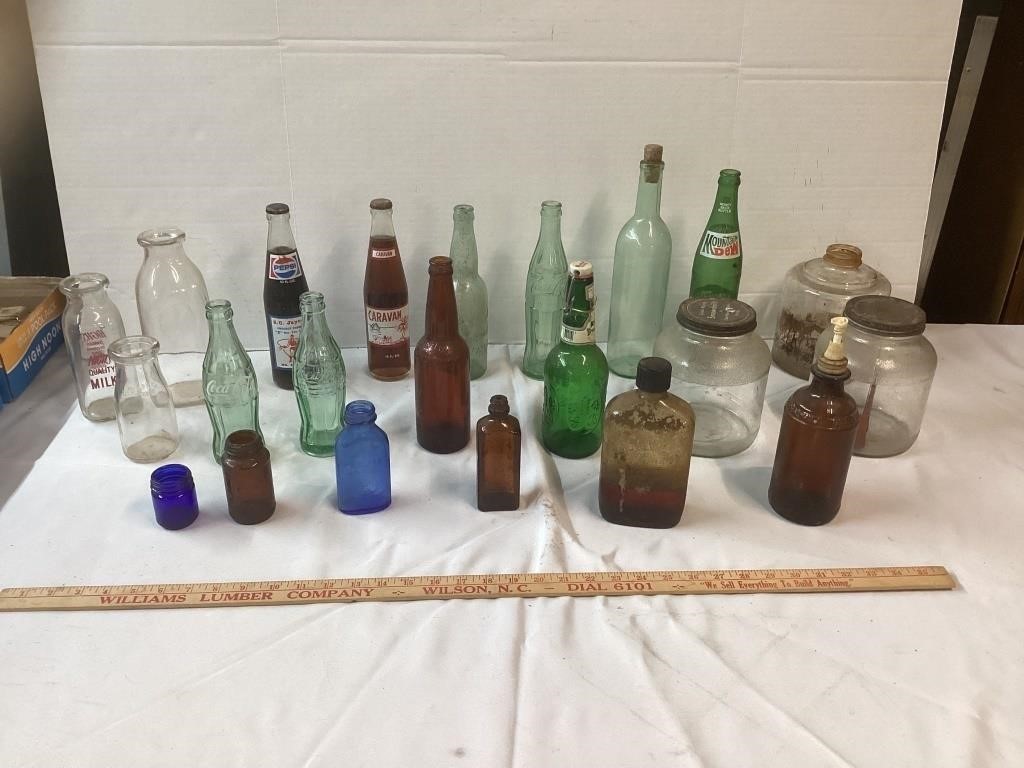 22 BOTTLES AND JARS SOME ARE EMBOSSED
