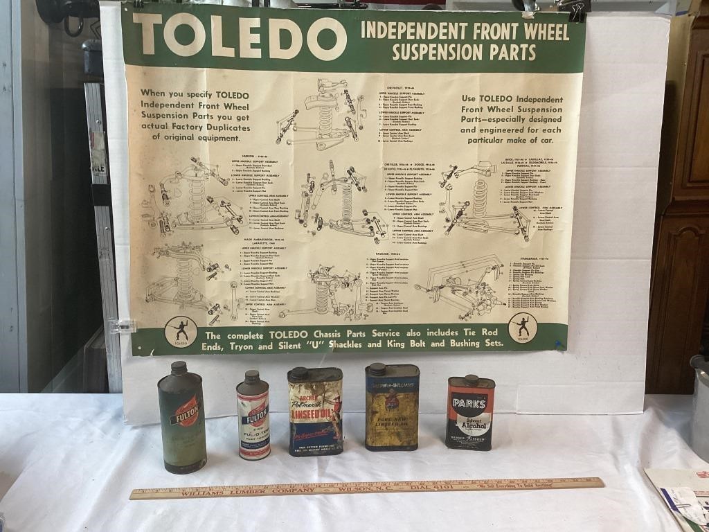 TOLEDO CHASSIS PART POSTER  AND 5 VINTAGE CANS