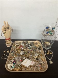 JAR FULL OF JEWELRY PLUS BENDABLE  WOODEN HAND