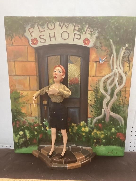 3 DIMENSIONAL WOMAN AT FLOWER SHOP PAINTING