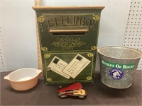 LETTERBOX  BUCKET  MINIATURE GUITAR AND  PYREX
