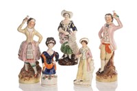 FIVE STAFFORDSHIRE POTTERY FIGURES