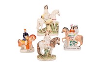 FOUR STAFFORDSHIRE POTTERY HORSE RIDING FIGURES