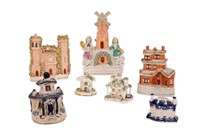 SIX STAFFORDSHIRE POTTERY COTTAGES & CASTLES