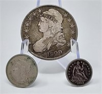 1865 Three Cent; 1852 Half Dime; 1829 Half Dollar