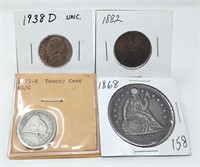 1938-D Jefferson Nickel BU; 1882 Quarter F;