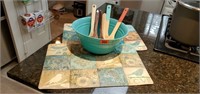 Place mats, chip bowl, wooden spoons