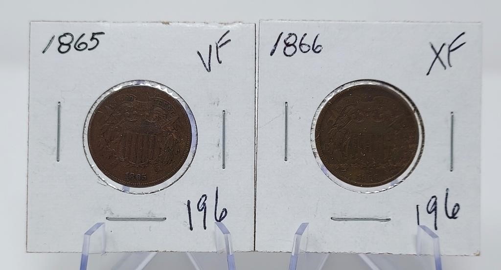 1865, ‘66 Two Cents VF-XF