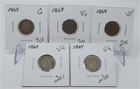 (2) 1865, ‘67, (2) ‘69 Three Cent Nickels G-VF