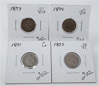 1871, ‘72, ‘73, ‘74 Three Cent Nickels G-VF
