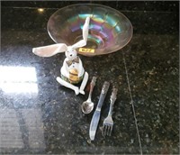 Irridescent bowl, rabbit, baby silverware