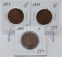 (3) 1853 Cents F-VF