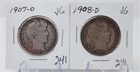 1907-O, ‘08-D Half Dollars VG