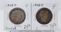 (2) 1908-D Half Dollars F (One w/Scratch)