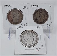 1911-P,S Half Dollars VG; ‘11-D Half Dollar F