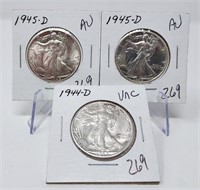 1944-D Half Dollar Unc; (2) ‘45-D Half Dollars