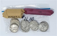 $21 Face 90% Halves; Roll 1958 Cents