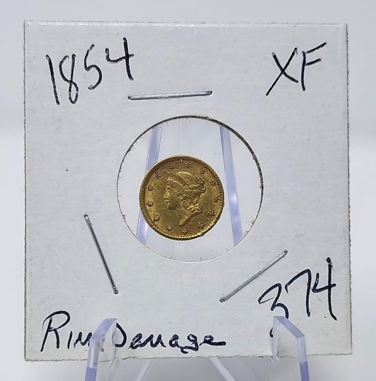 1854 $1 Gold  XF (Rim Damage (ex-Jewelry))
